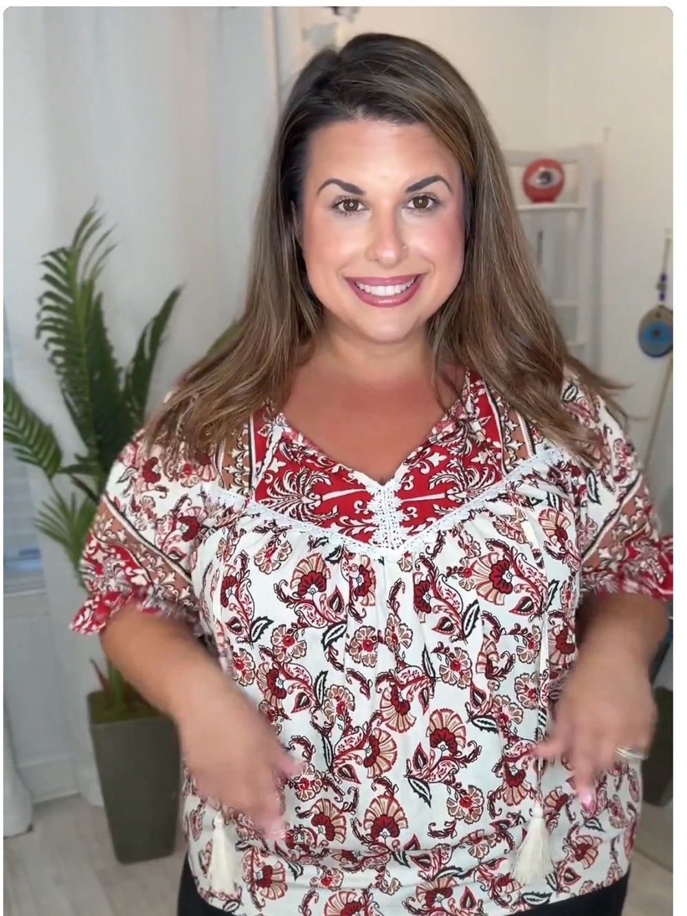 Plus Boho Floral Red and Cream Women’s V-Neck Top